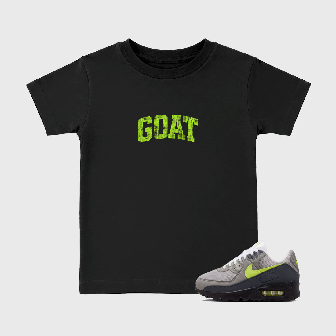 Sneakerfit graphic tee destination – Sneaker Tees To Match Air Max 90 Neon Yellow Sneakers – Vintage Goat Kids T-Shirt Black 1