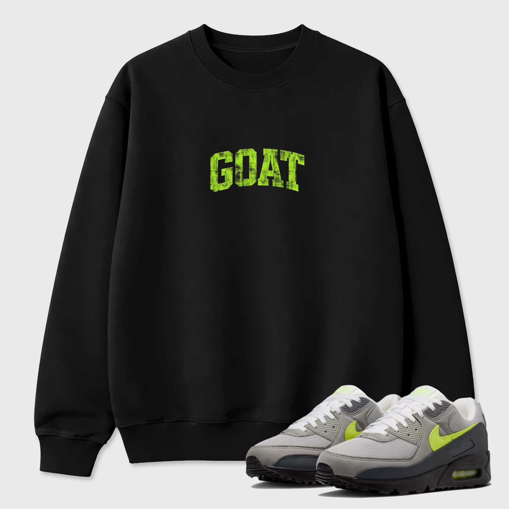 Sneakerfit graphic tee destination – Sneaker Tees To Match Air Max 90 Neon Yellow Sneakers – Vintage Goat Tee Black 1