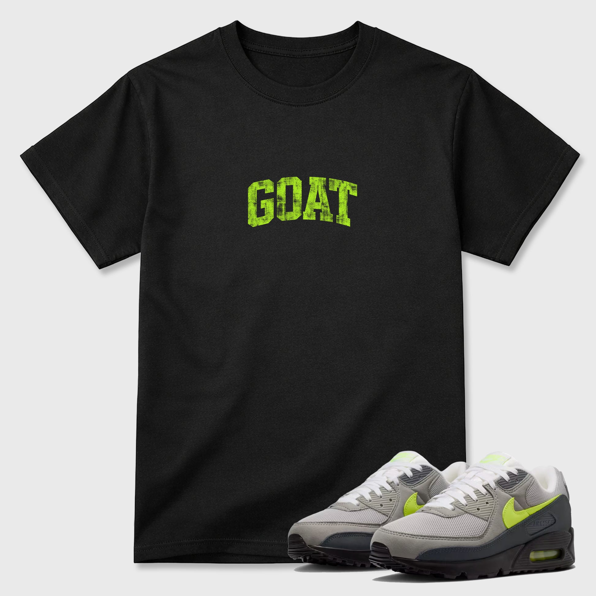 Sneakerfit graphic tee destination – Sneaker Tees To Match Air Max 90 Neon Yellow Sneakers – Vintage Goat Tee Black 1