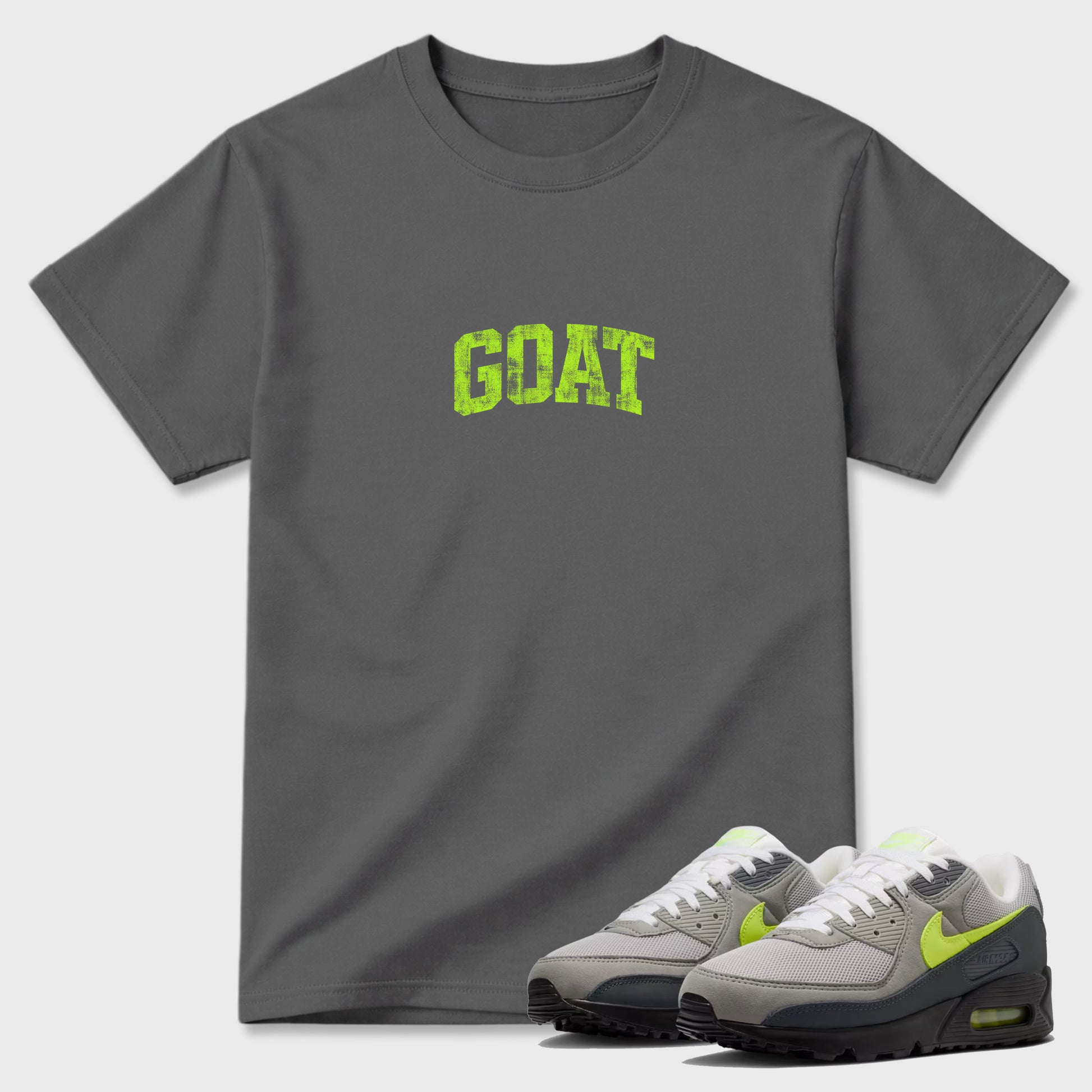 Sneakerfit graphic tee destination – Sneaker Tees To Match Air Max 90 Neon Yellow Sneakers – Vintage Goat Tee Cool Grey 1