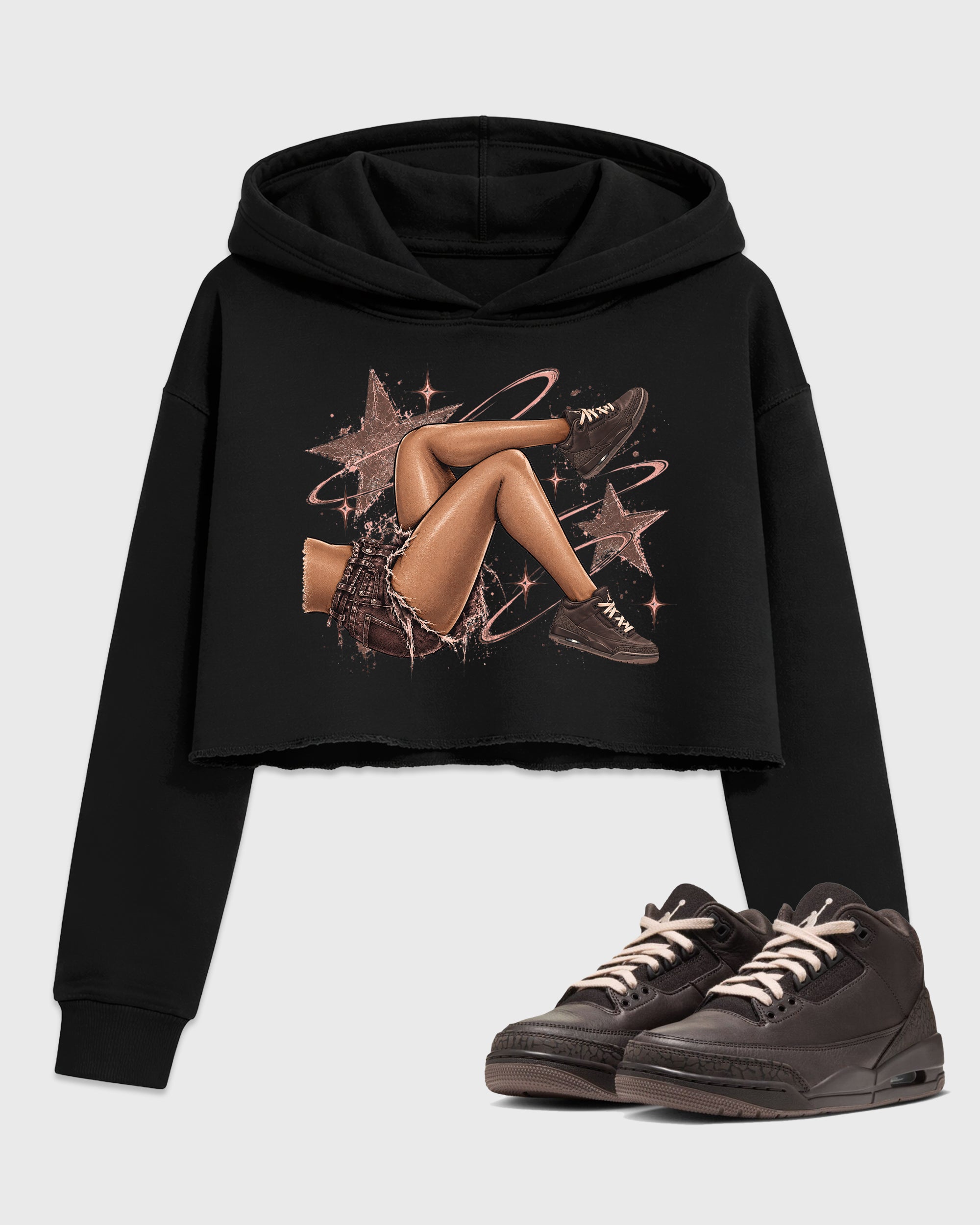 Vintage Got Em Legs Women’s Graphic Crop Tee featuring original streetwear artwork designed to match the Air Jordan 3 Fireside. Black 1 Crop Tee.