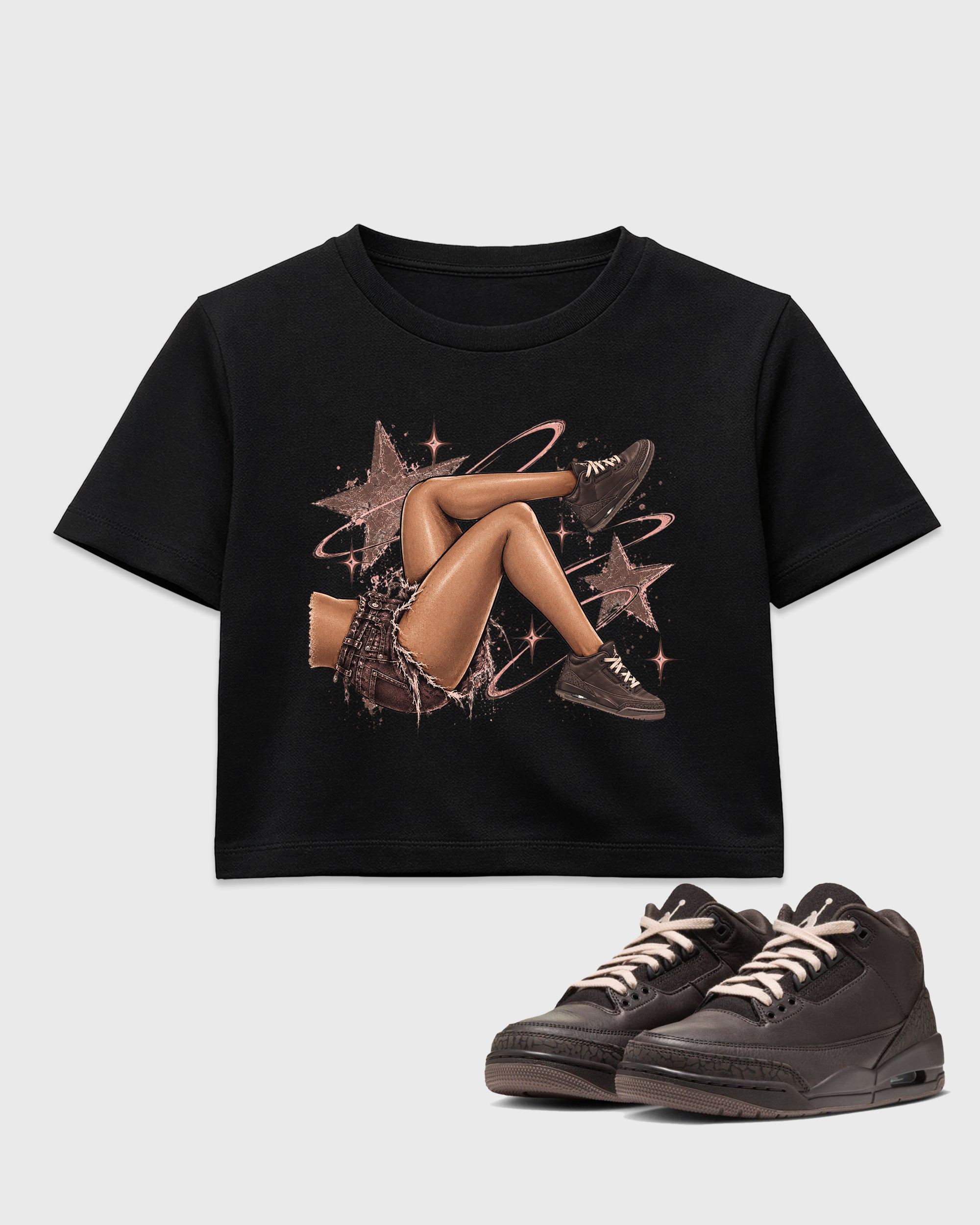Vintage Got Em Legs women’s crop tee designed to match the Air Jordan 3 Fireside, featuring coordinated Black 1 options for a perfect streetwear vibe.