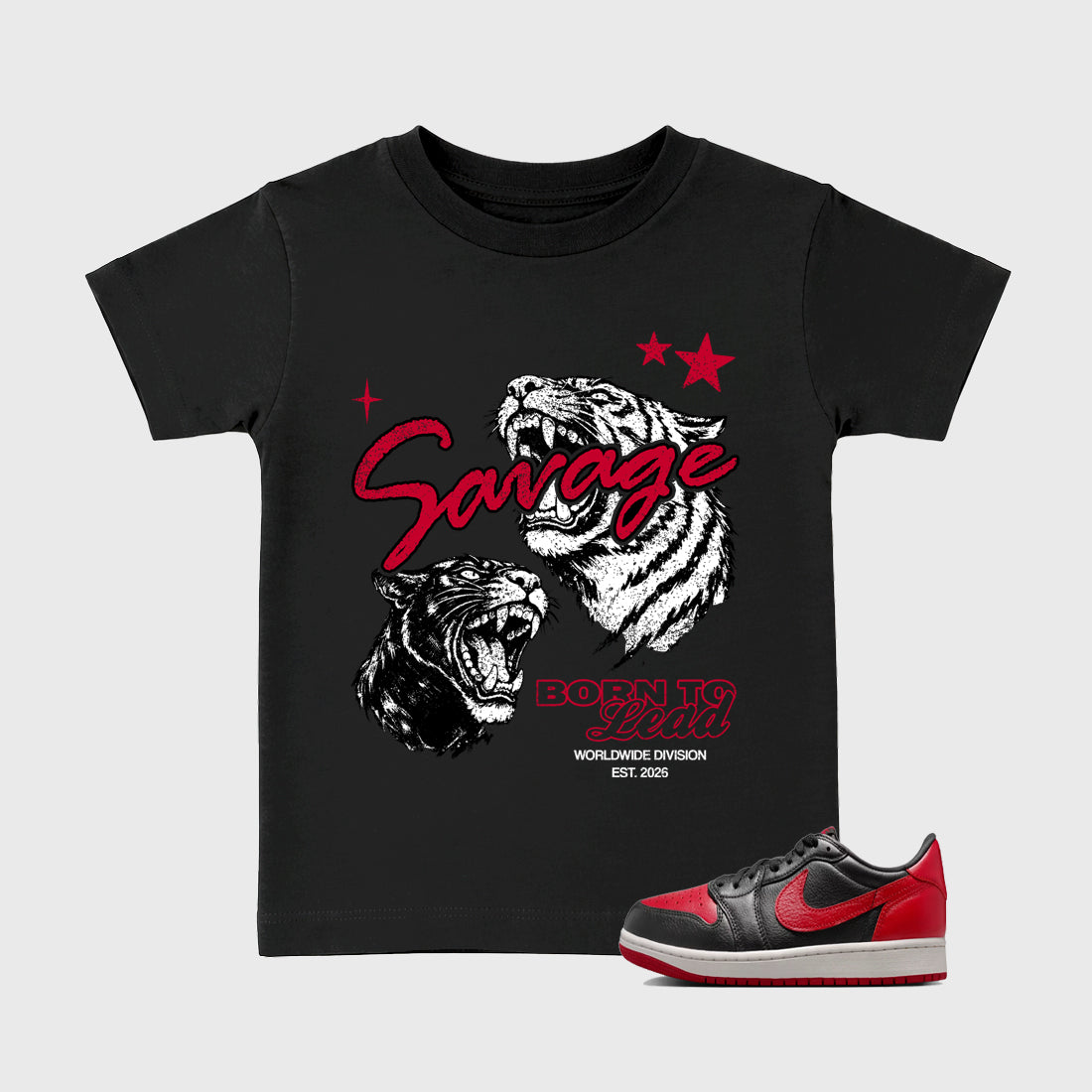 Sneaker match tees – Sneaker Tees To Match Air Jordan 1 Banned Shoes – Vintage Savage Kids T-Shirt Black 1
