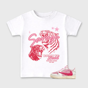 Vintage Savage affordable baby and kids t-shirt designed to match the Air Jordan 1 Travis Scott Tropical Pink, featuring coordinated White 1 options for the perfect little sneakerhead streetwear look.