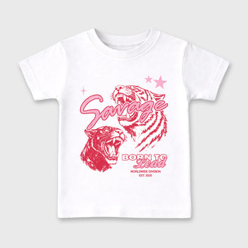 Vintage Savage affordable baby and kids t-shirt designed to match the Air Jordan 1 Travis Scott Tropical Pink, featuring coordinated White 2 options for the perfect little sneakerhead streetwear look.