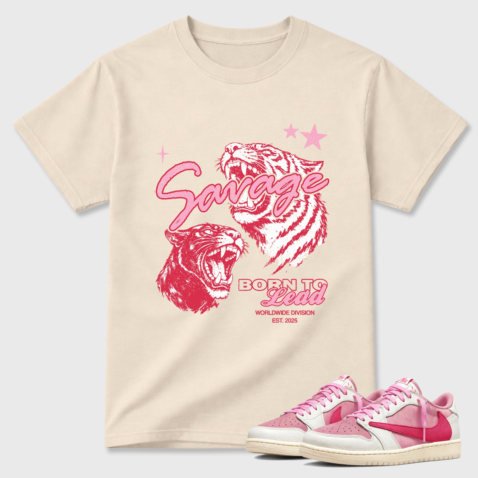 Vintage Savage Graphic T-Shirt sneaker match tee designed for the Air Jordan 1 Travis Scott Tropical Pink, featuring coordinated color options for a perfect streetwear match. Natural 1 shirt.