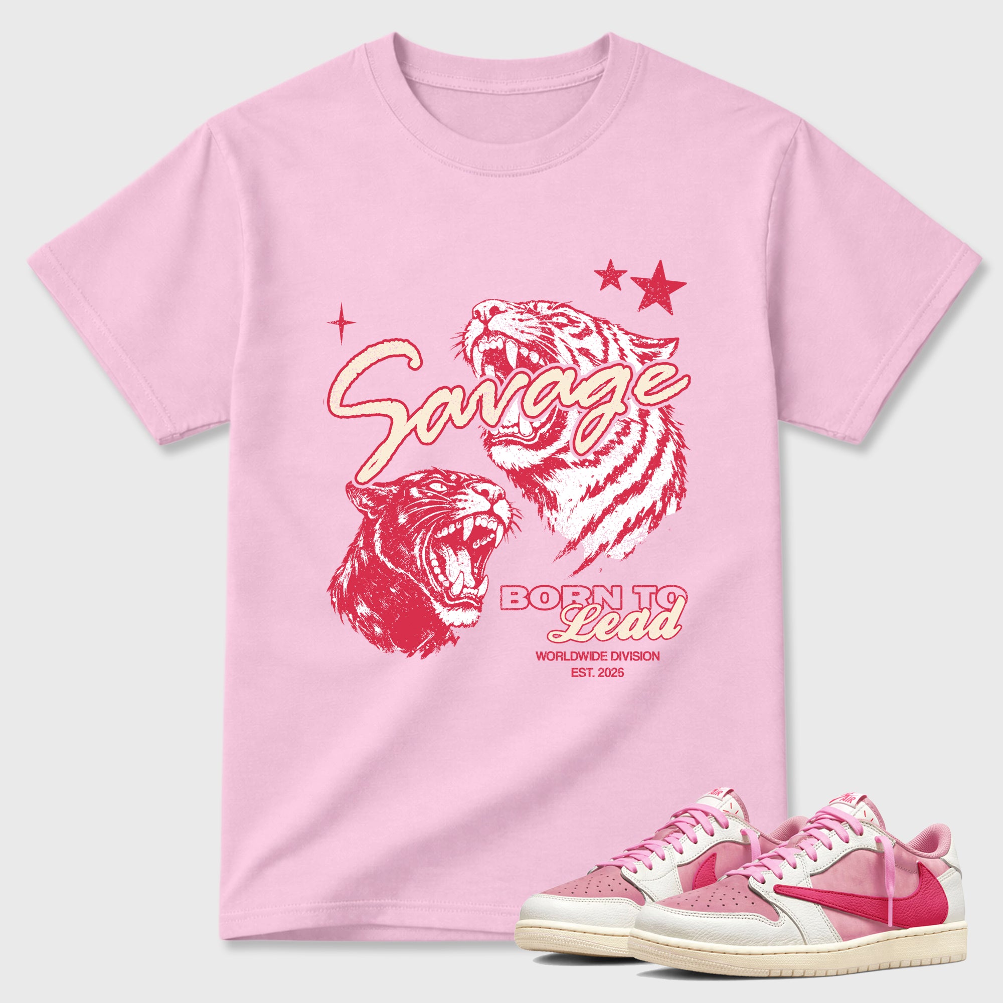 Vintage Savage Graphic T-Shirt sneaker match tee designed for the Air Jordan 1 Travis Scott Tropical Pink, featuring coordinated color options for a perfect streetwear match. Pink 1 shirt.