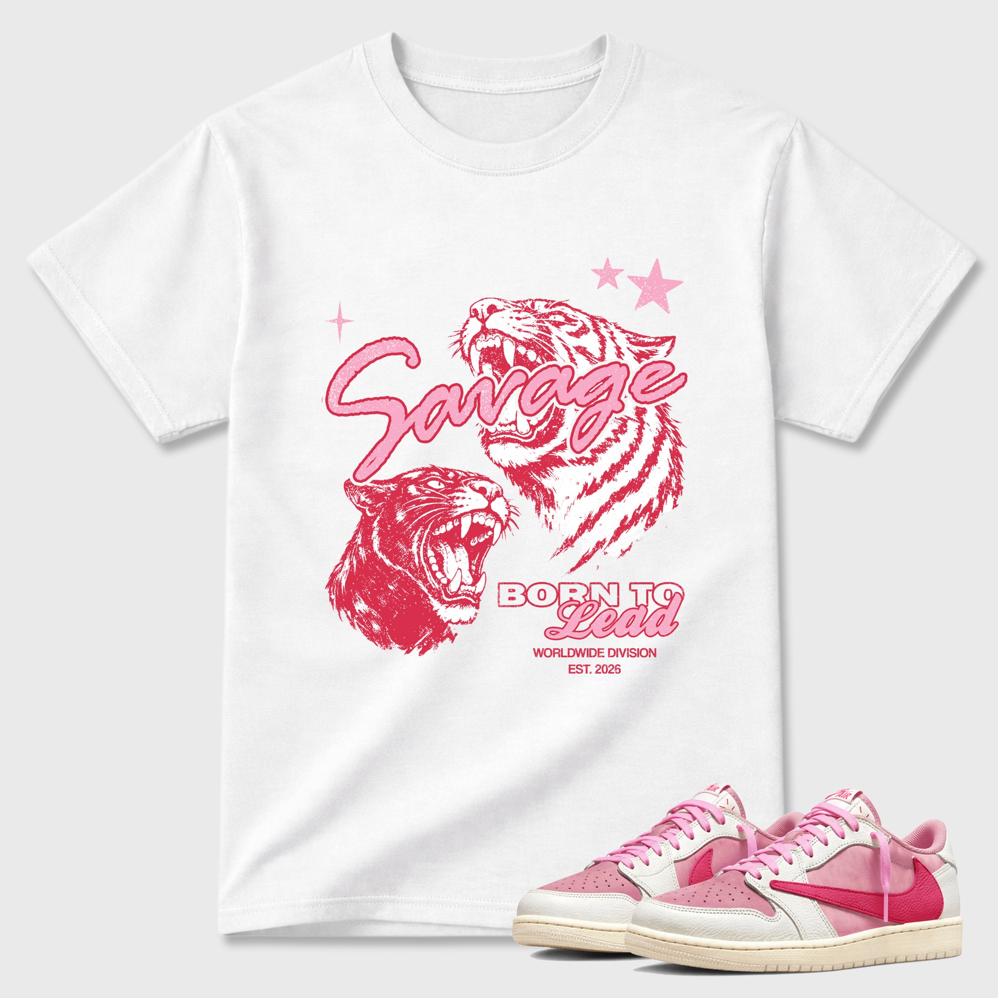 Vintage Savage Graphic T-Shirt sneaker match tee designed for the Air Jordan 1 Travis Scott Tropical Pink, featuring coordinated color options for a perfect streetwear match. White 1 shirt.