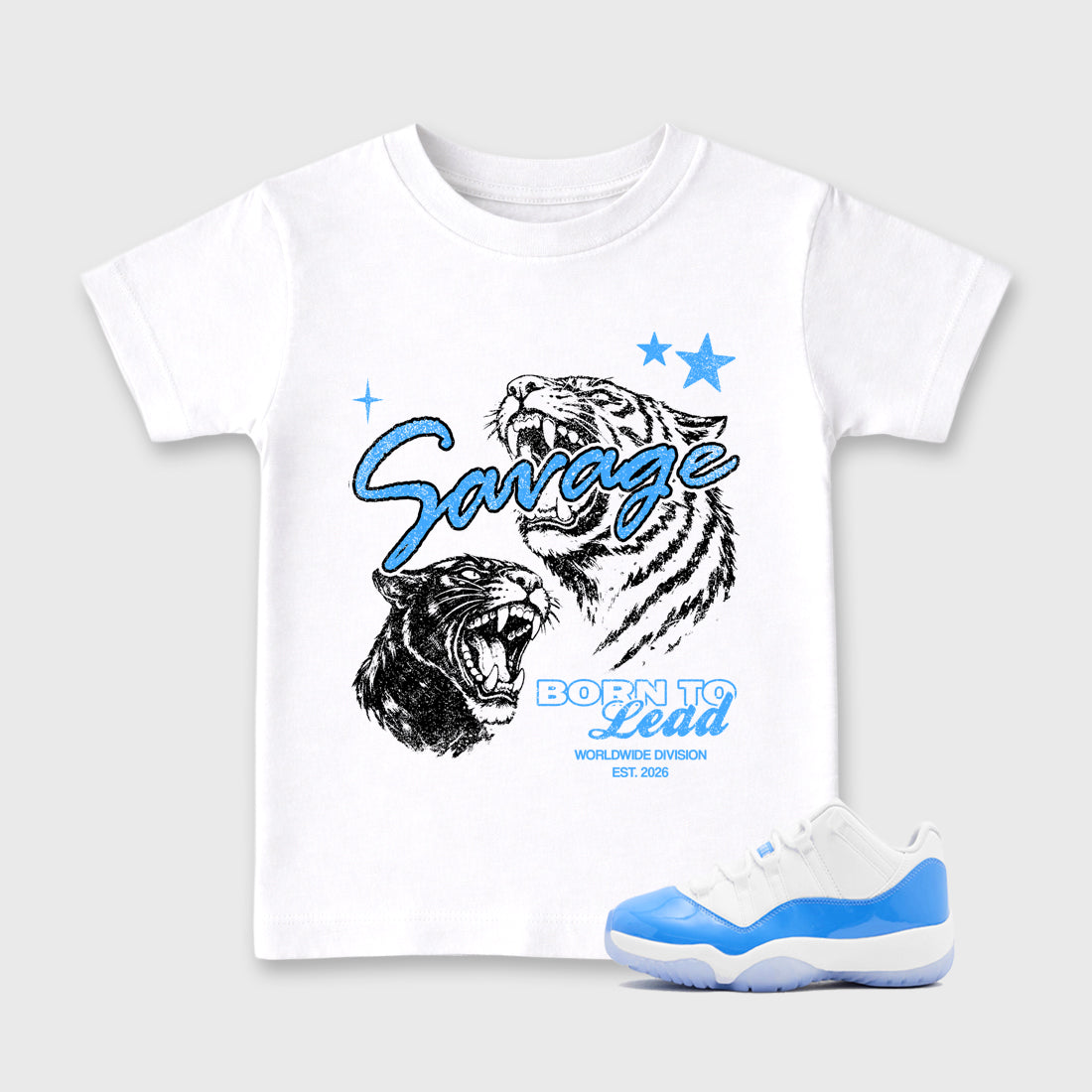 Sneaker match tees – Sneaker Tees To Match Air Jordan 11 University Blue Shoes – Vintage Savage Kids T-Shirt White 1