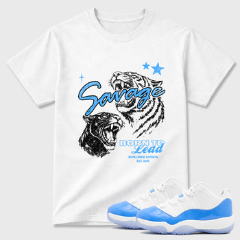 Sneaker match tees – Sneaker Tees To Match Air Jordan 11 University Blue Shoes – Vintage Savage Tee White 1