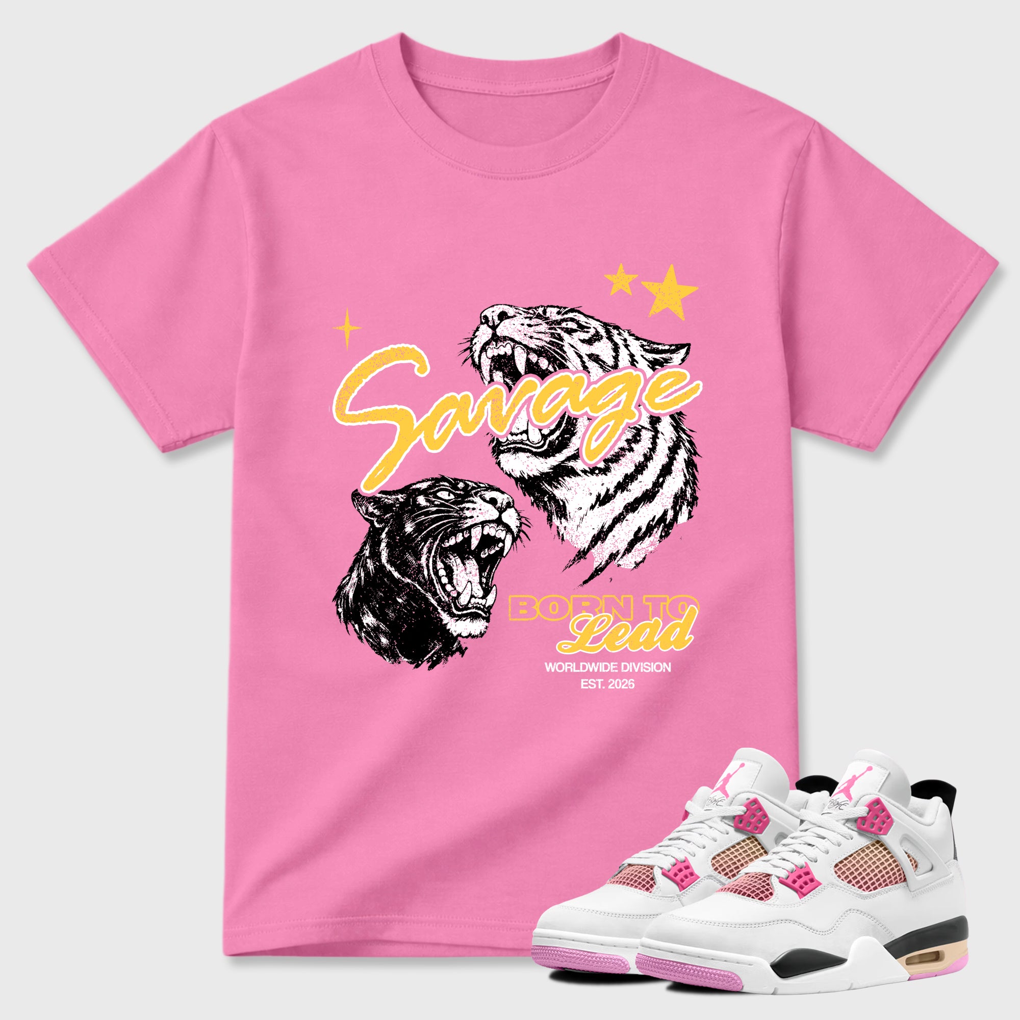 Vintage Savage Graphic T-Shirt featuring original streetwear artwork designed to match the Air Jordan 4 Comic. Bubble Gum 1 Graphic T-Shirt.
