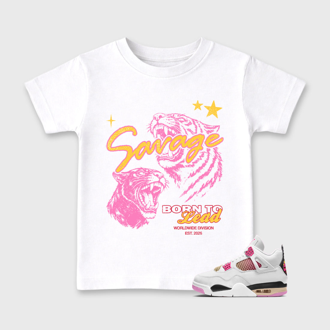 Vintage Savage Baby & Kids Graphic T-Shirt featuring original artwork designed to match the Air Jordan 4 Comic. White 1 Kids Graphic Tee.