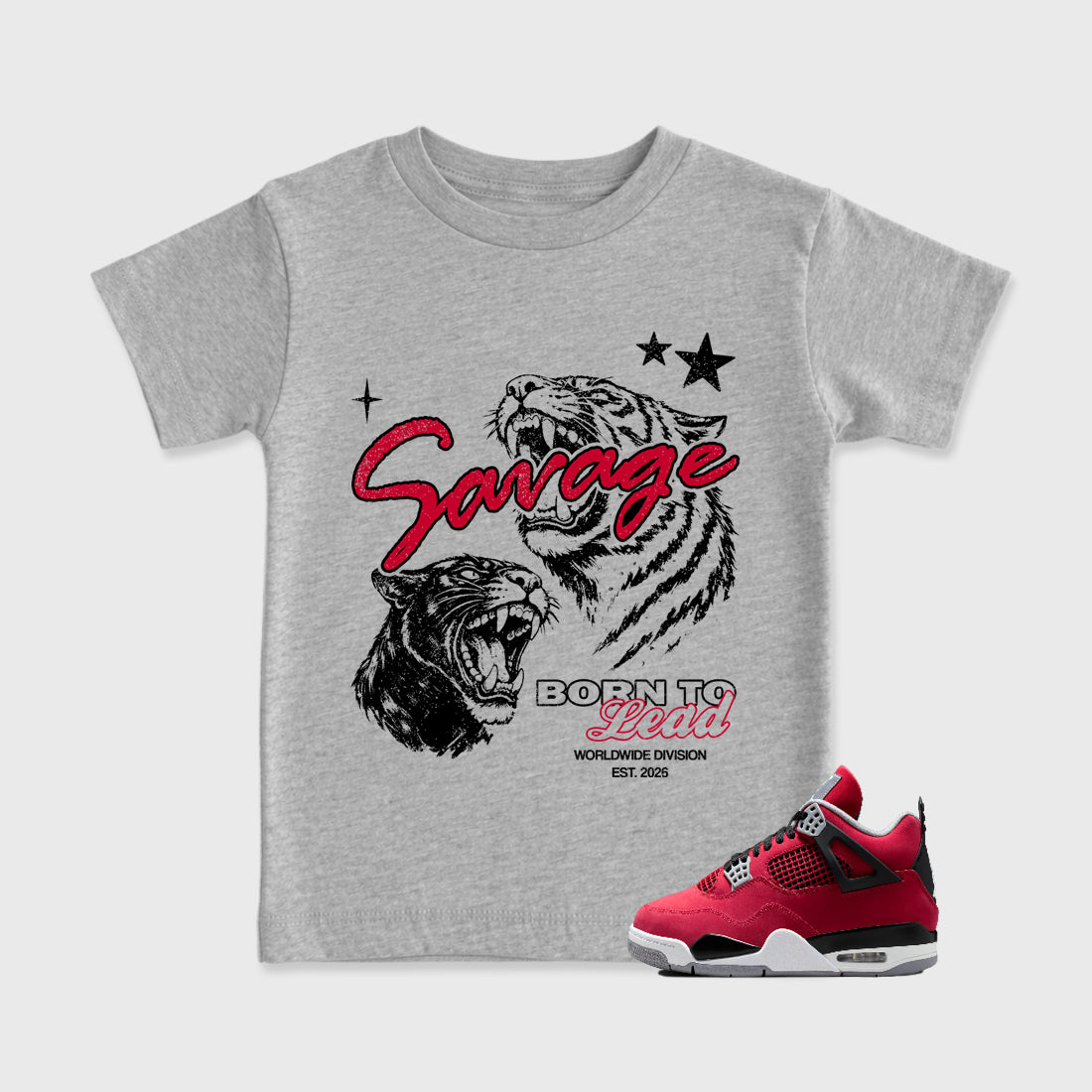 Sneaker match tees – Sneaker Tees To Match Air Jordan 4 Toro Bravo Shoes – Vintage Savage Kids T-Shirt Heather Grey 1