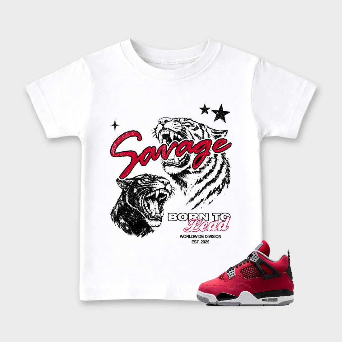 Sneaker match tees – Sneaker Tees To Match Air Jordan 4 Toro Bravo Shoes – Vintage Savage Kids T-Shirt White 1