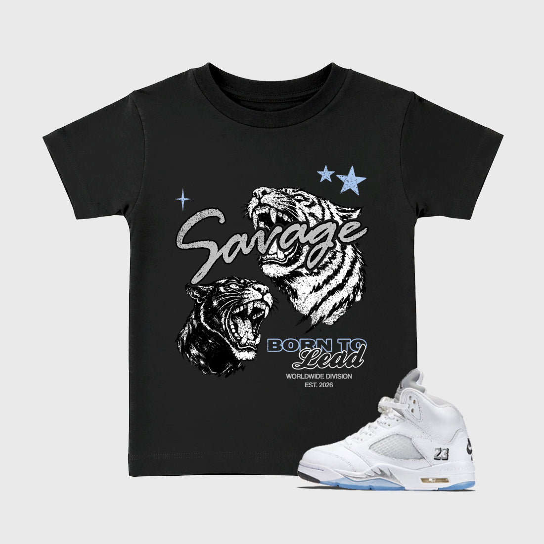 Sneaker match tees – Sneaker Tees To Match Air Jordan 5 White Metallic Shoes – Vintage Savage Kids T-Shirt Black 1
