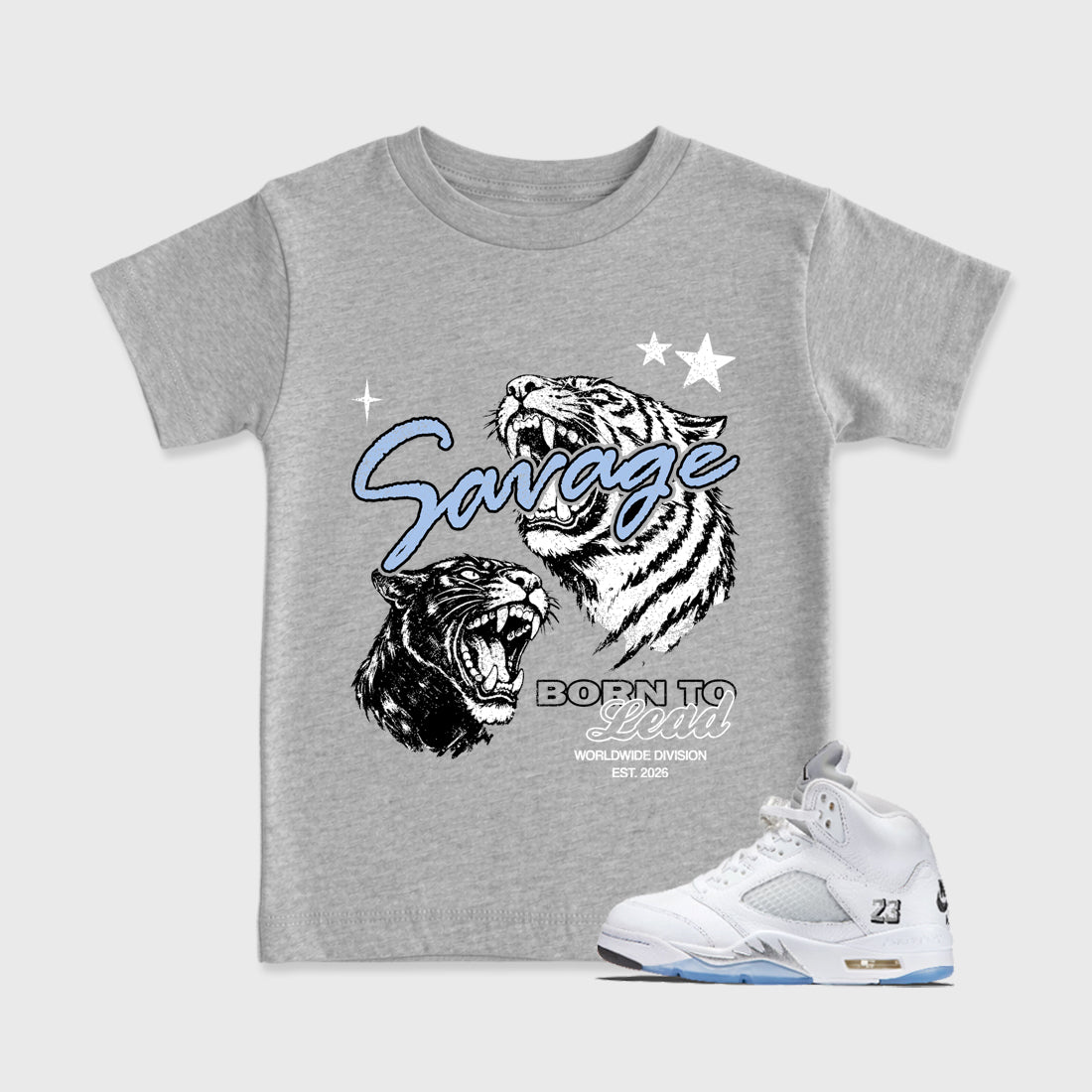 Sneaker match tees – Sneaker Tees To Match Air Jordan 5 White Metallic Shoes – Vintage Savage Kids T-Shirt Heather Grey 1