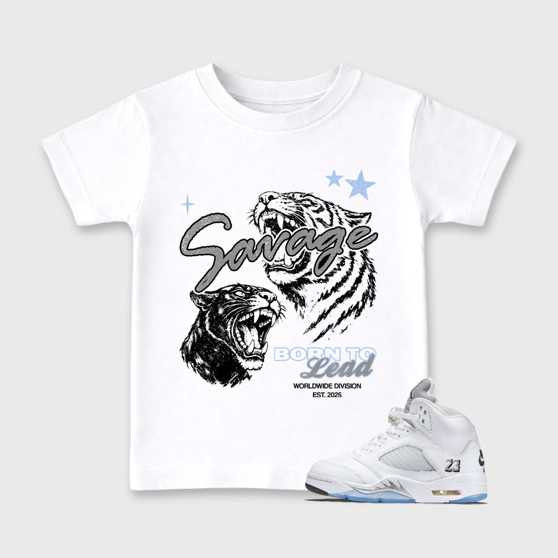 Sneaker match tees – Sneaker Tees To Match Air Jordan 5 White Metallic Shoes – Vintage Savage Kids T-Shirt White 1