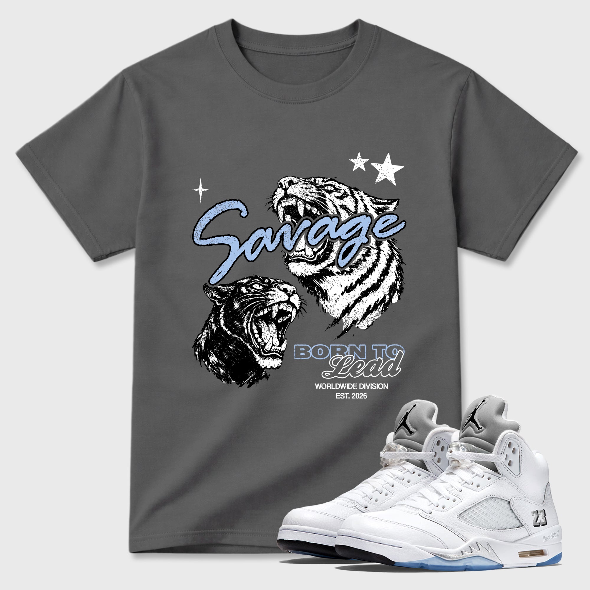 Sneaker match tees – Sneaker Tees To Match Air Jordan 5 White Metallic Shoes – Vintage Savage Tee Cool Grey 1