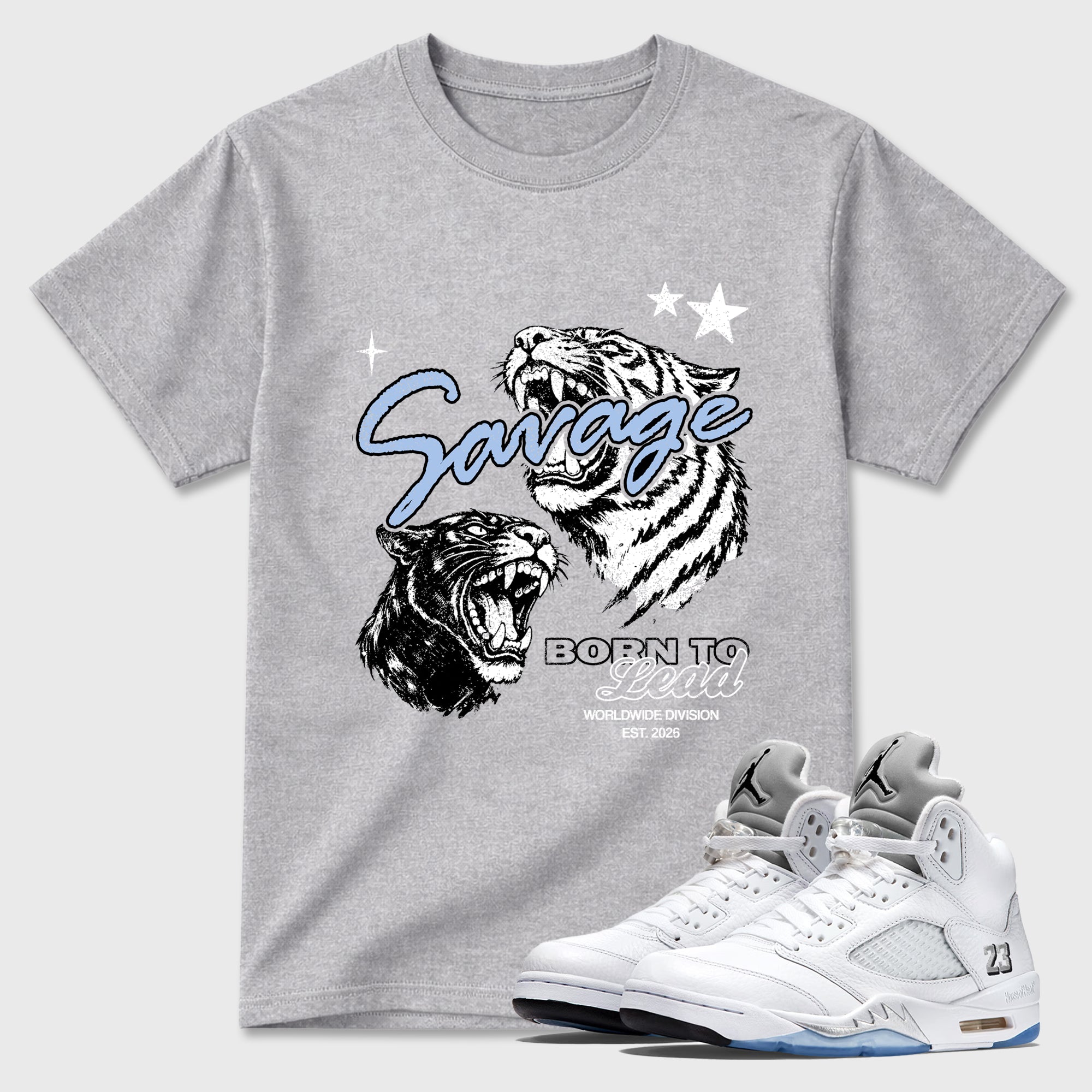 Sneaker match tees – Sneaker Tees To Match Air Jordan 5 White Metallic Shoes – Vintage Savage Tee Heather Grey 1