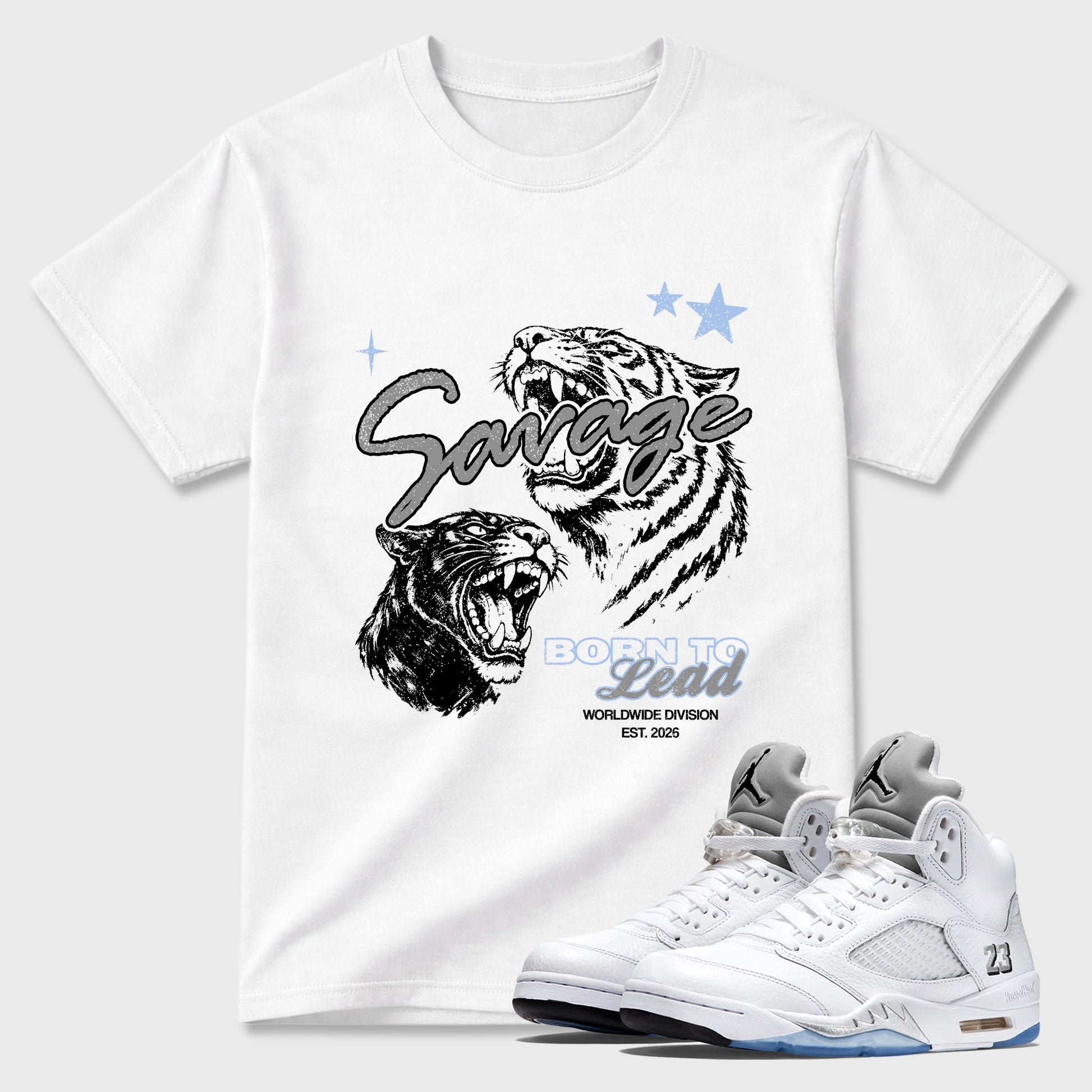 Sneaker match tees – Sneaker Tees To Match Air Jordan 5 White Metallic Shoes – Vintage Savage Tee White 1