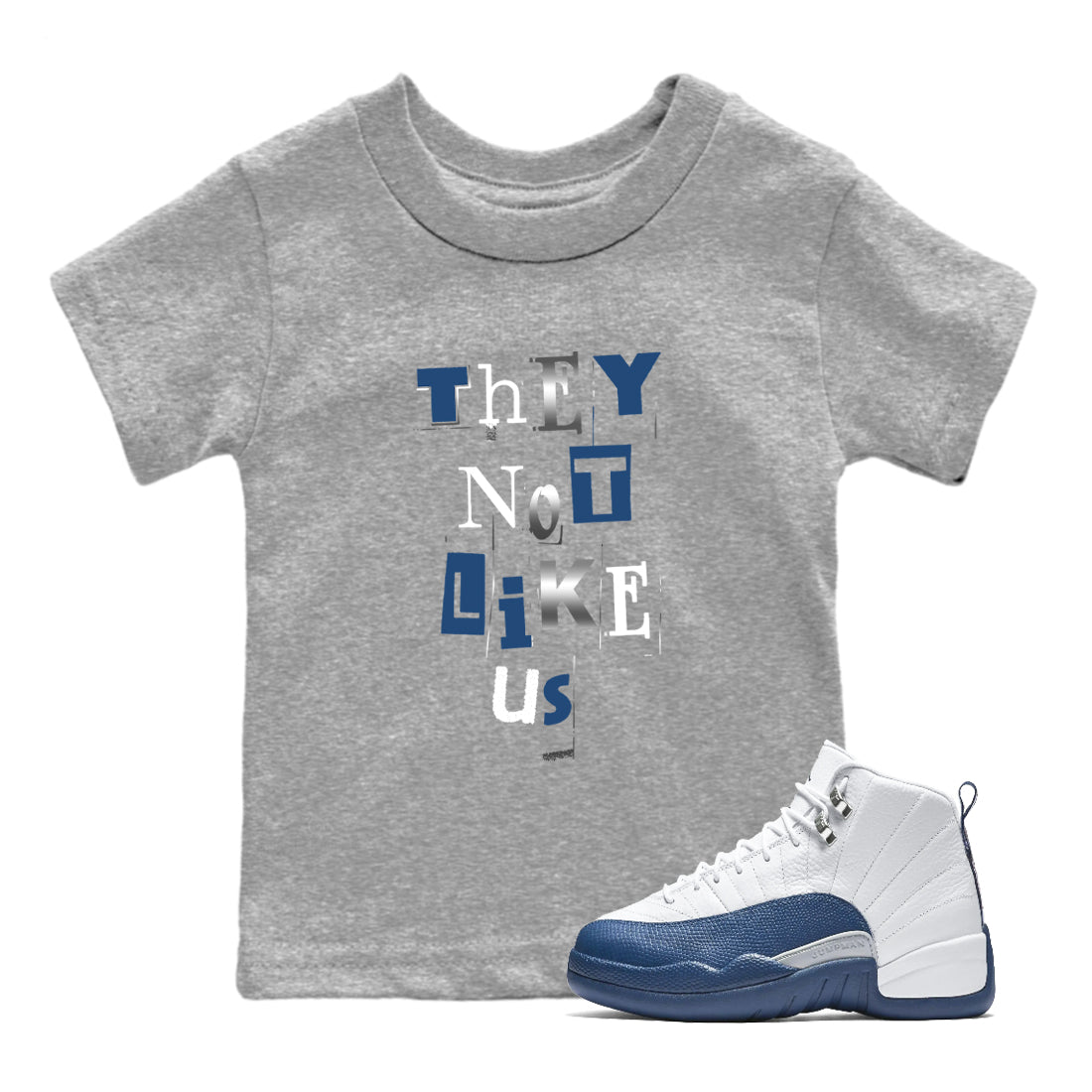 12s French Blue Sneaker match tees – Sneaker Tees To Match Jordan 12 French Blue Shoes – Vintage They Not Like Us Kids T-Shirt Heather Grey 1