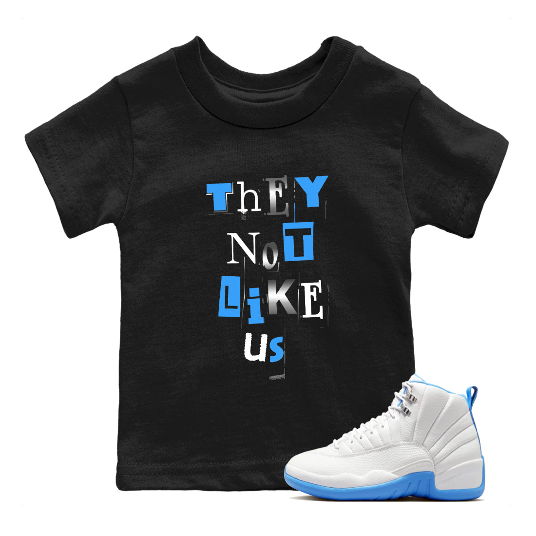 Vintage They Not Like Us baby and kids t-shirt crafted for little sneakerheads to shine with the Air Jordan 12 White and University Blue sneakers, displayed in Black 1.