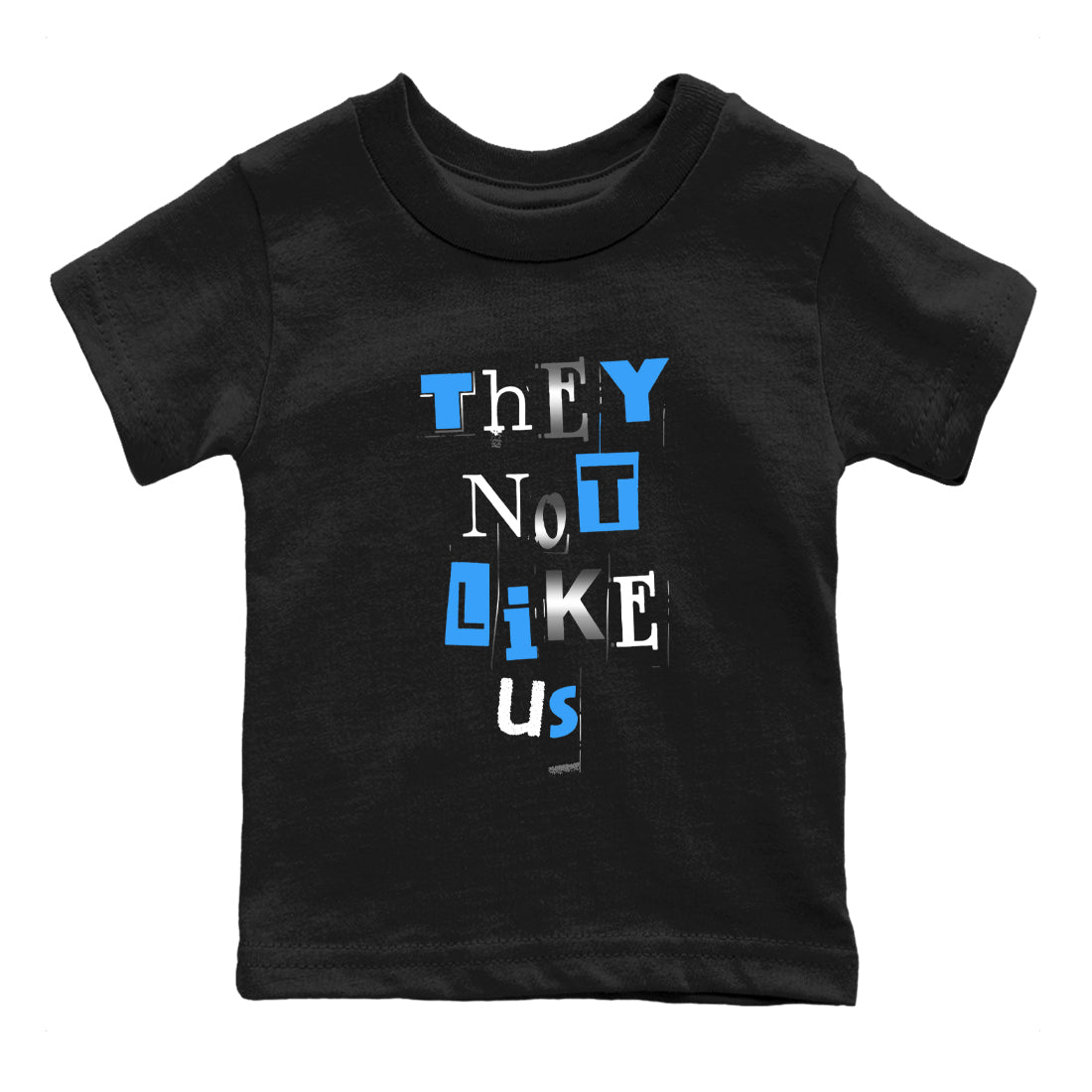 Vintage They Not Like Us baby and kids t-shirt crafted for little sneakerheads to shine with the Air Jordan 12 White and University Blue sneakers, displayed in Black 2.