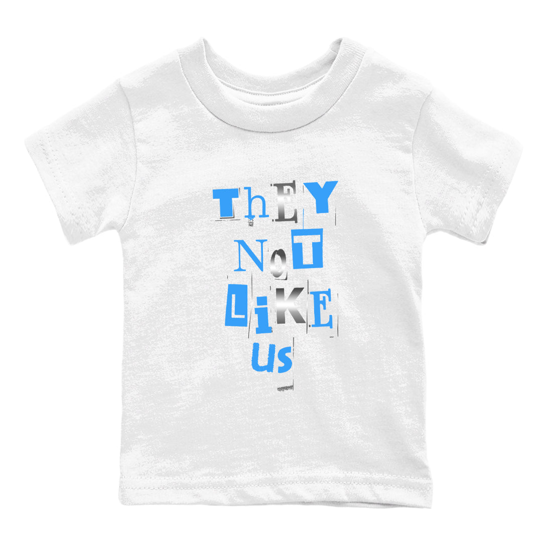 Vintage They Not Like Us baby and kids t-shirt crafted for little sneakerheads to shine with the Air Jordan 12 White and University Blue sneakers, displayed in White 2.