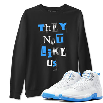 Vintage They Not Like Us sneaker match t-shirt styled to complete your fit with the Air Jordan 12 White and University Blue sneakers, shown in Black 1.