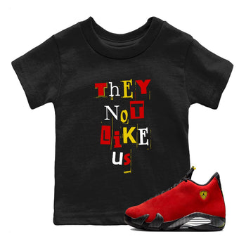 Vintage They Not Like Us baby and kids t-shirt crafted for little sneakerheads to shine with the Air Jordan 14 Challenge Red sneakers, displayed in Black 1.