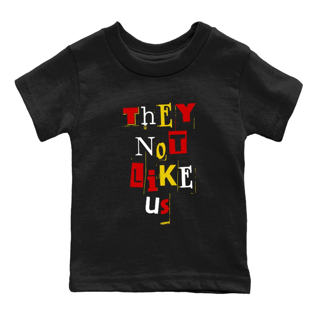 Vintage They Not Like Us baby and kids t-shirt crafted for little sneakerheads to shine with the Air Jordan 14 Challenge Red sneakers, displayed in Black 2.