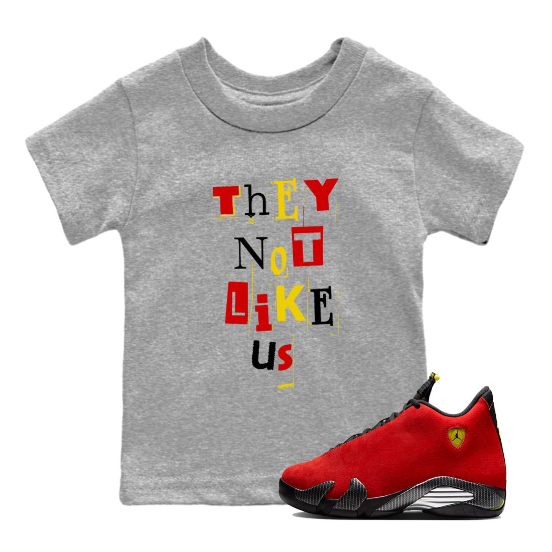 Vintage They Not Like Us baby and kids t-shirt crafted for little sneakerheads to shine with the Air Jordan 14 Challenge Red sneakers, displayed in Heather Grey 1.