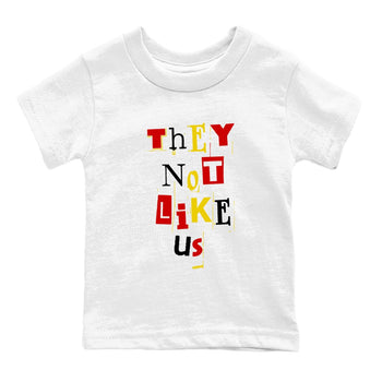Vintage They Not Like Us baby and kids t-shirt crafted for little sneakerheads to shine with the Air Jordan 14 Challenge Red sneakers, displayed in White 2.