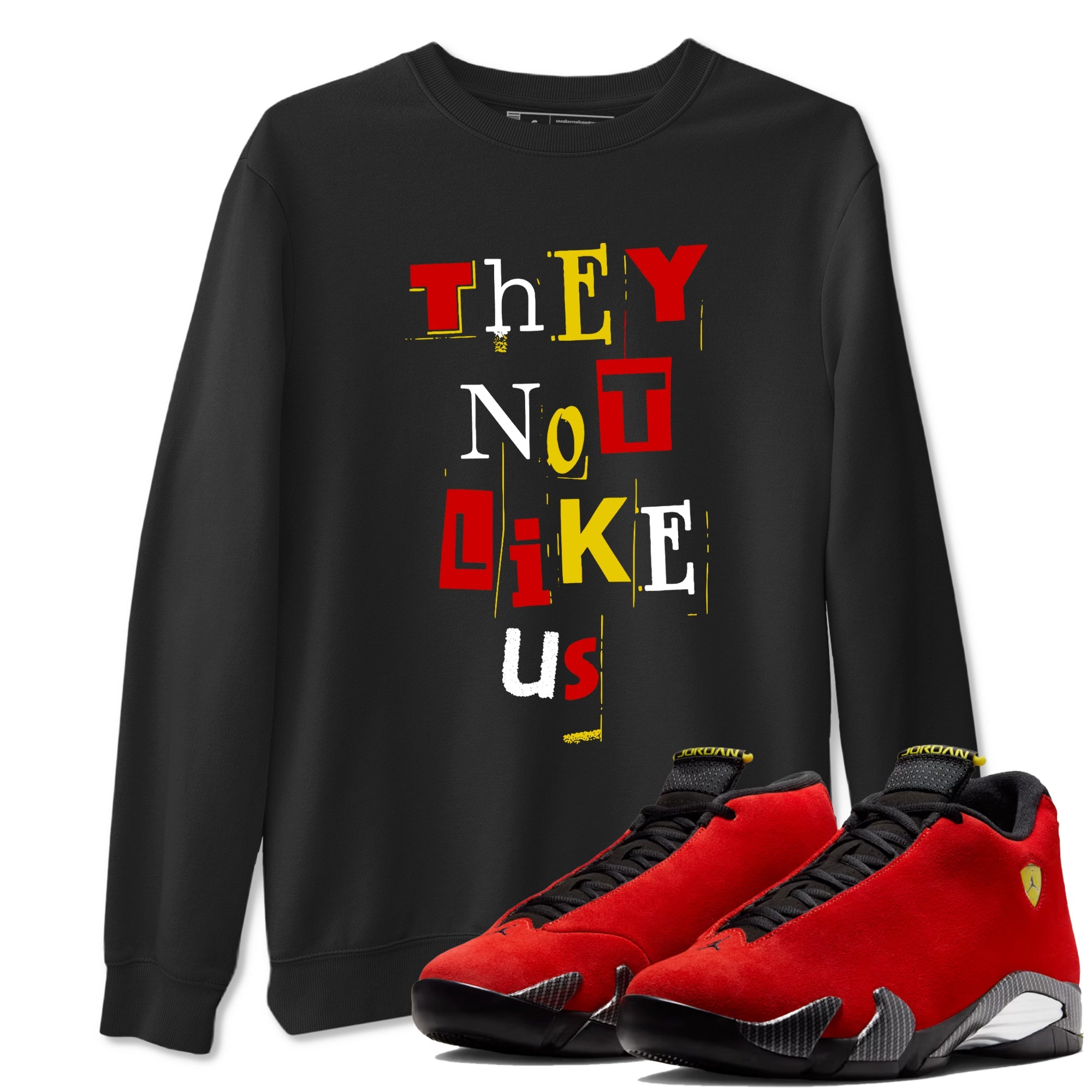 Vintage They Not Like Us sneaker match t-shirt styled to complete your fit with the Air Jordan 14 Challenge Red sneakers, graphic shirts in Black 1.