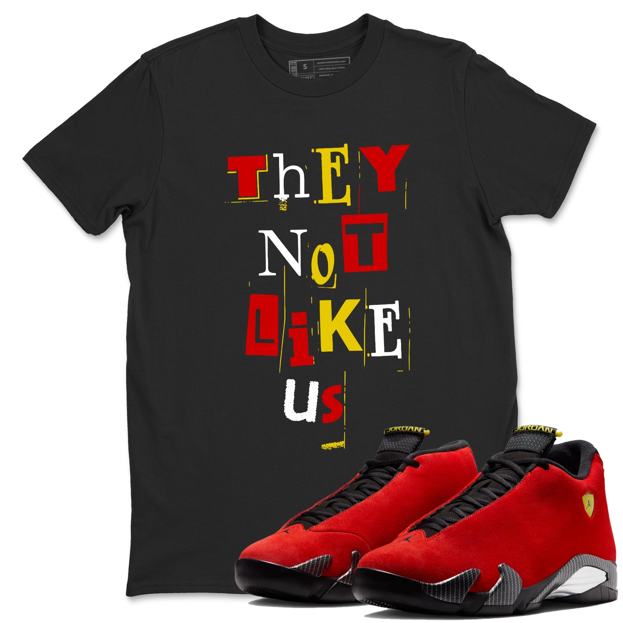 Vintage They Not Like Us sneaker match t-shirt styled to complete your fit with the Air Jordan 14 Challenge Red sneakers, graphic shirts in Black 1.