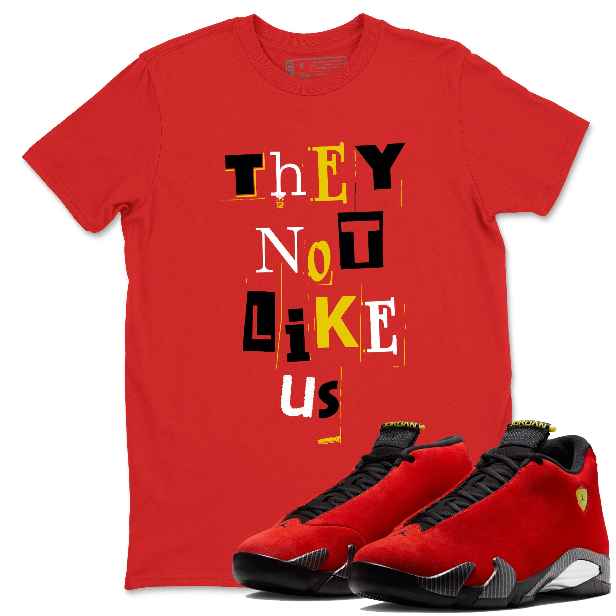 Vintage They Not Like Us sneaker match t-shirt styled to complete your fit with the Air Jordan 14 Challenge Red sneakers, graphic shirts in Red 1.