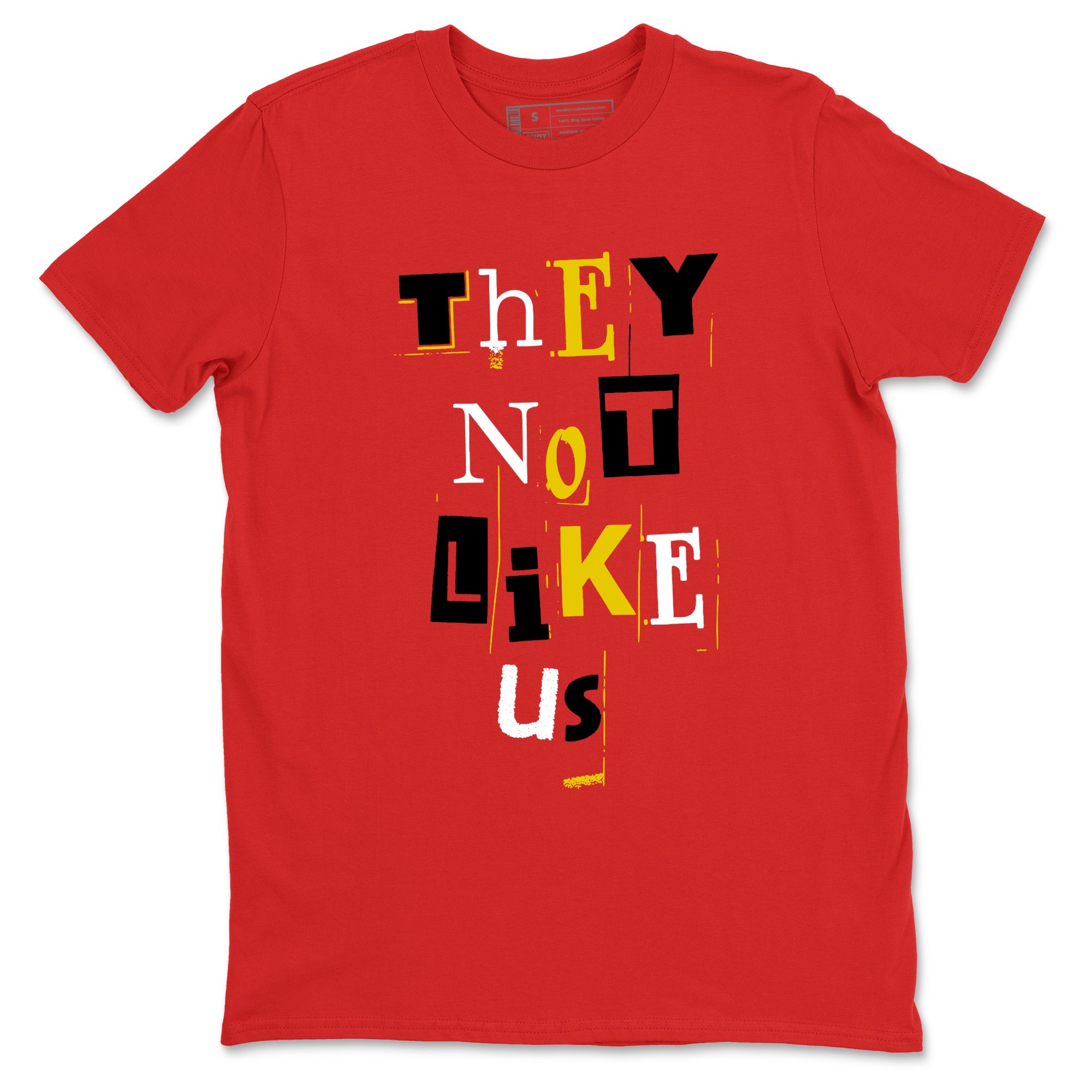 Vintage They Not Like Us sneaker match t-shirt styled to complete your fit with the Air Jordan 14 Challenge Red sneakers, graphic shirts in Red 2.
