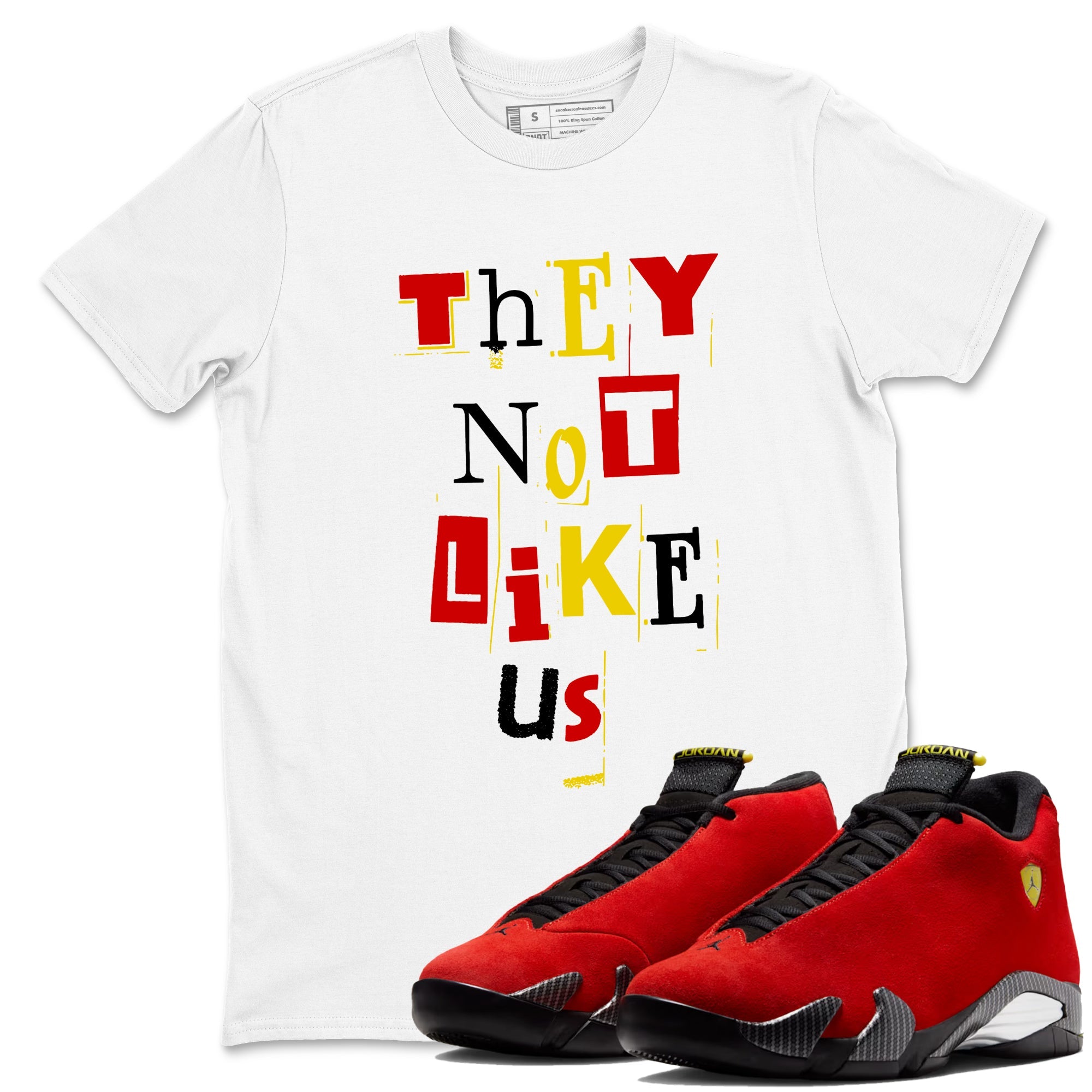 Vintage They Not Like Us sneaker match t-shirt styled to complete your fit with the Air Jordan 14 Challenge Red sneakers, graphic shirts in White 1.