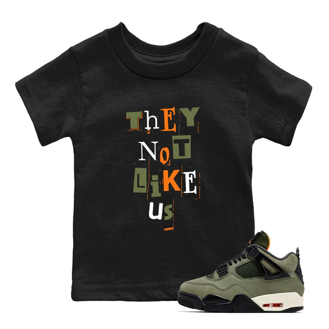 Sneaker match tees – Sneaker Tees To Match Undefeated inspired colorways Air Jordan 4 OG Olive Shoes  – Vintage They Not Like Us Kids T-Shirt Black 1