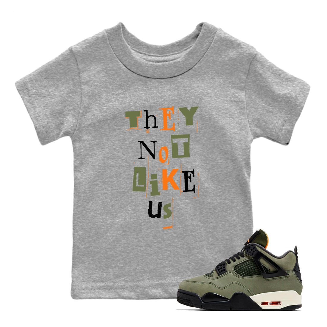 Sneaker match tees – Sneaker Tees To Match Undefeated inspired colorways Air Jordan 4 OG Olive Shoes  – Vintage They Not Like Us Kids T-Shirt Heather Grey 1