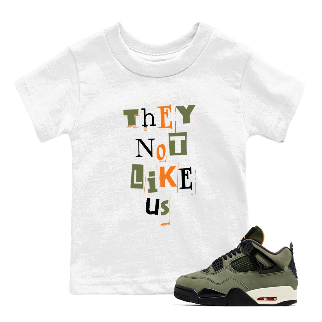 Sneaker match tees – Sneaker Tees To Match Undefeated inspired colorways Air Jordan 4 OG Olive Shoes  – Vintage They Not Like Us Kids T-Shirt White 1