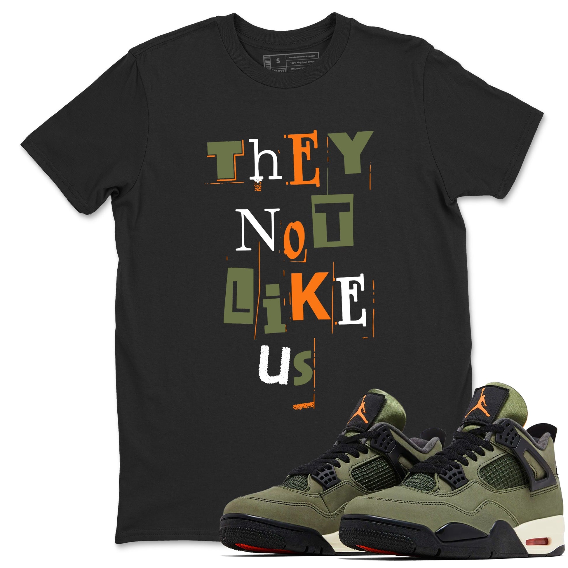Sneaker match tees – Sneaker Tees To Match Undefeated inspired colorways Air Jordan 4 OG Olive Shoes  – Vintage They Not Like Us Tee Black 1