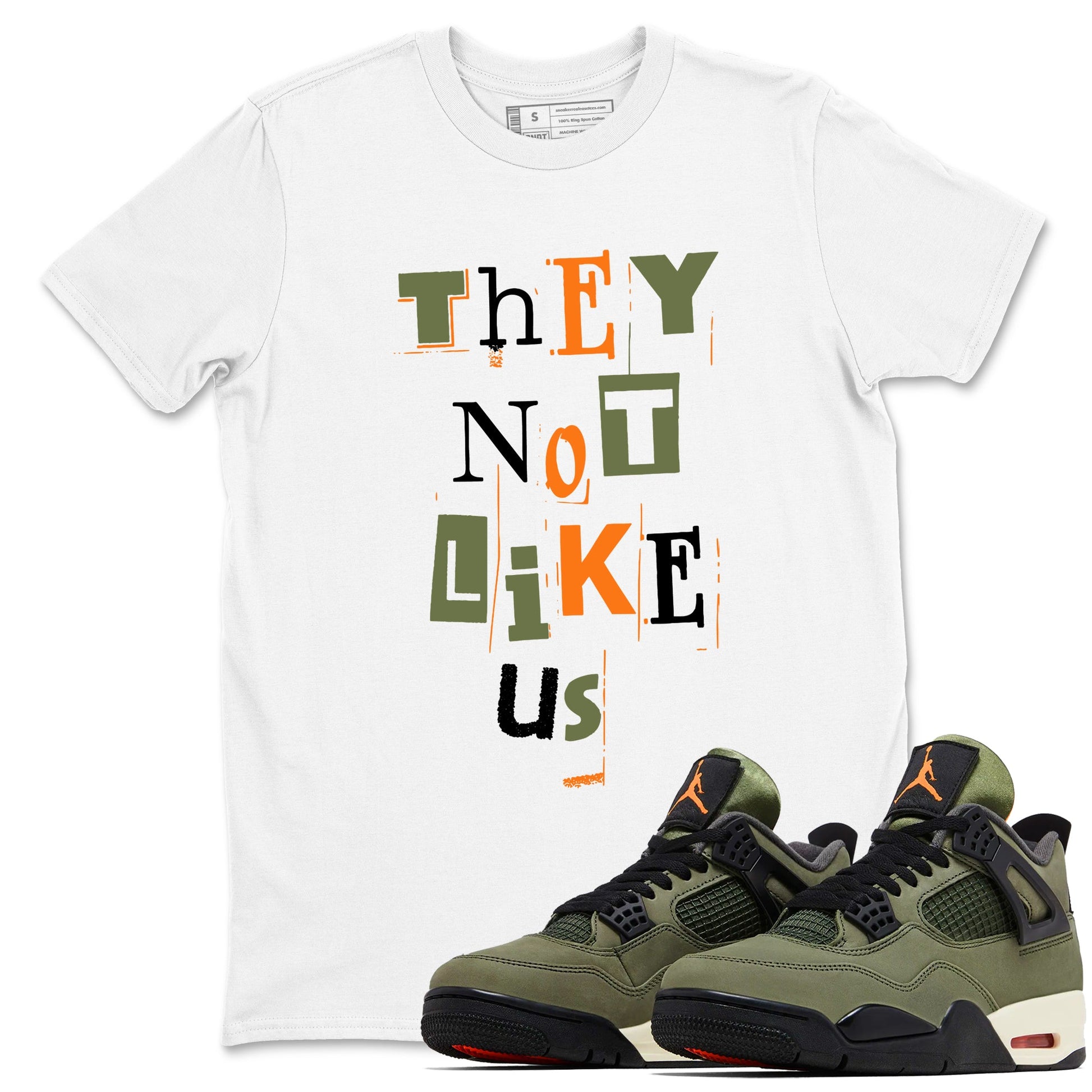 Sneaker match tees – Sneaker Tees To Match Undefeated inspired colorways Air Jordan 4 OG Olive Shoes  – Vintage They Not Like Us Tee White 1