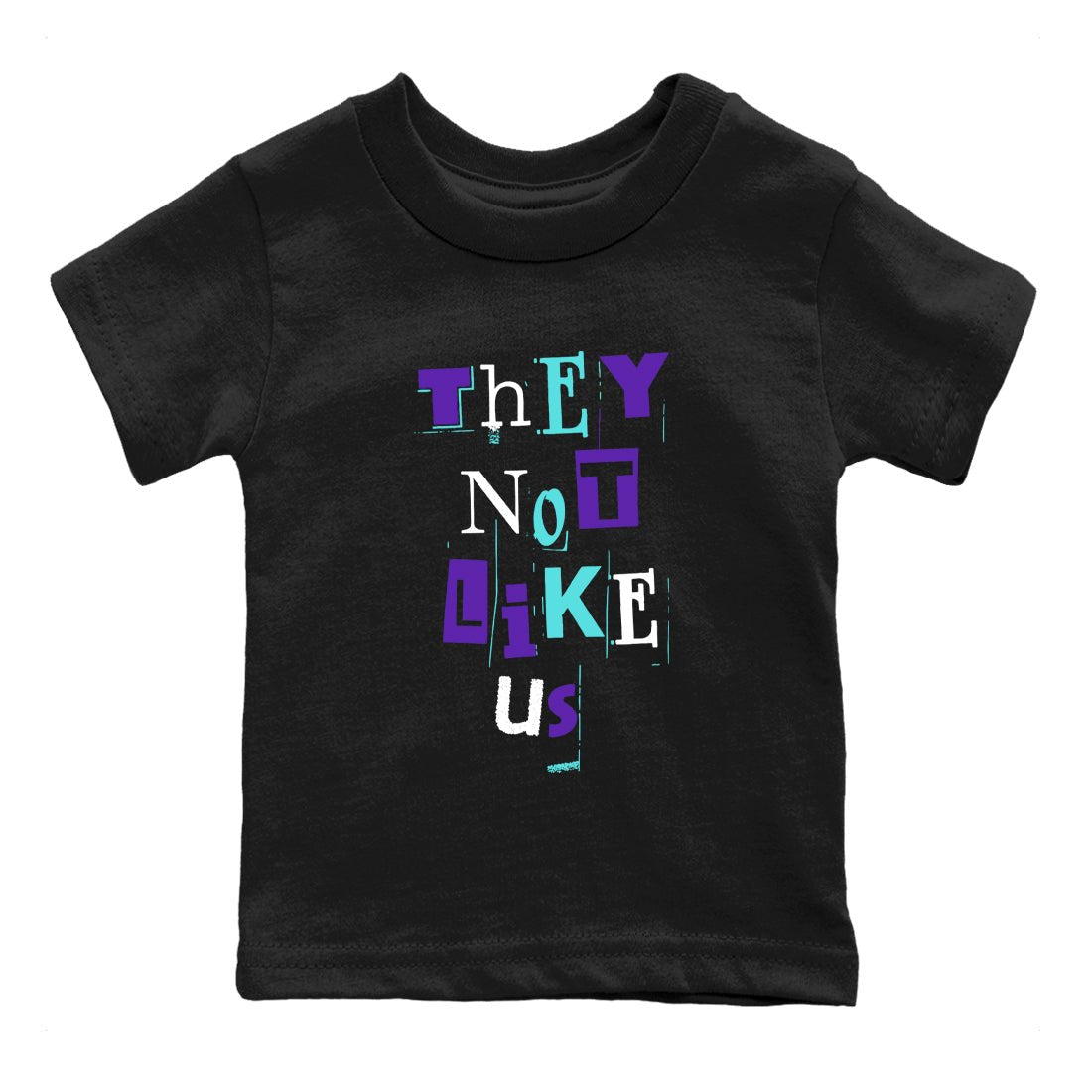 Vintage They Not Like Us baby and kids t-shirt crafted for little sneakerheads to shine with the Air Jordan 5 Grape sneakers, displayed in Black 2.