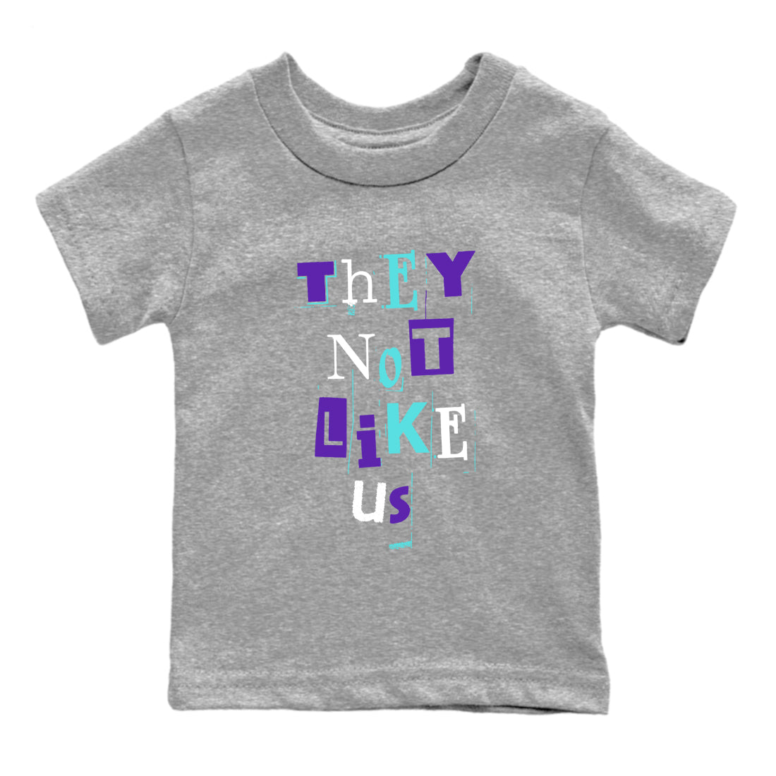 Vintage They Not Like Us baby and kids t-shirt crafted for little sneakerheads to shine with the Air Jordan 5 Grape sneakers, displayed in Heather Grey 2.