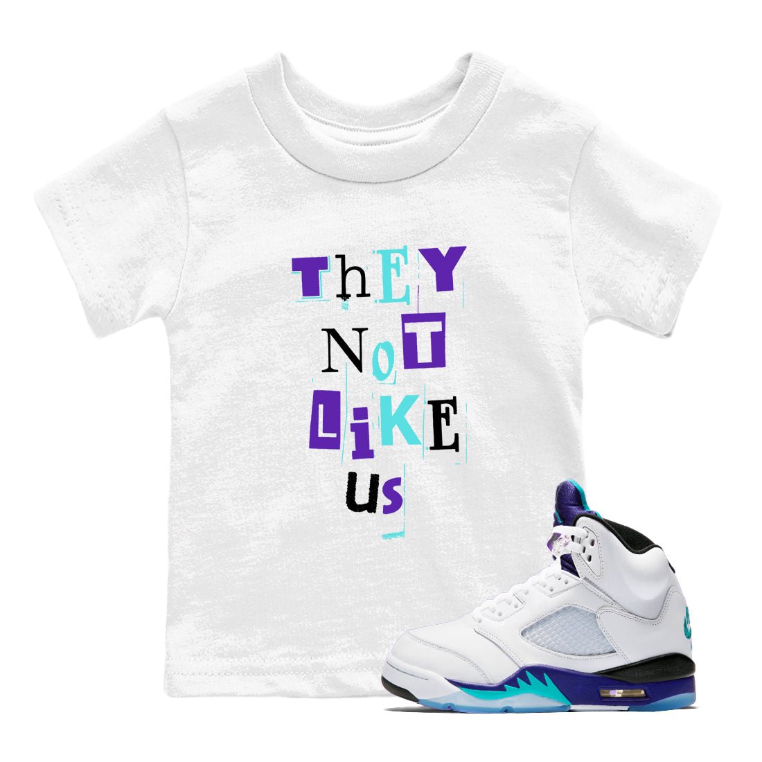 Vintage They Not Like Us baby and kids t-shirt crafted for little sneakerheads to shine with the Air Jordan 5 Grape sneakers, displayed in White 1.