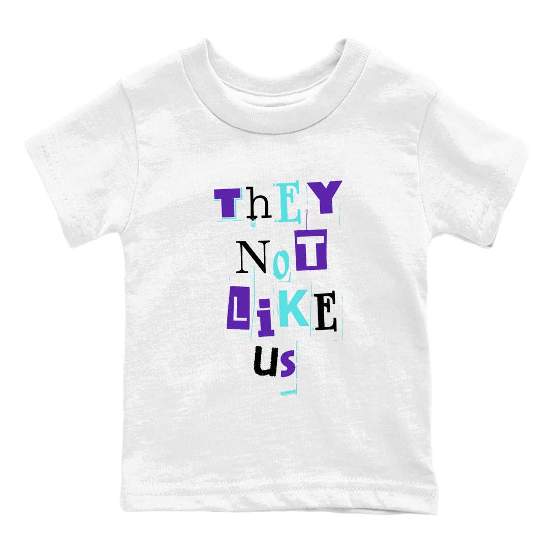 Vintage They Not Like Us baby and kids t-shirt crafted for little sneakerheads to shine with the Air Jordan 5 Grape sneakers, displayed in White 2.