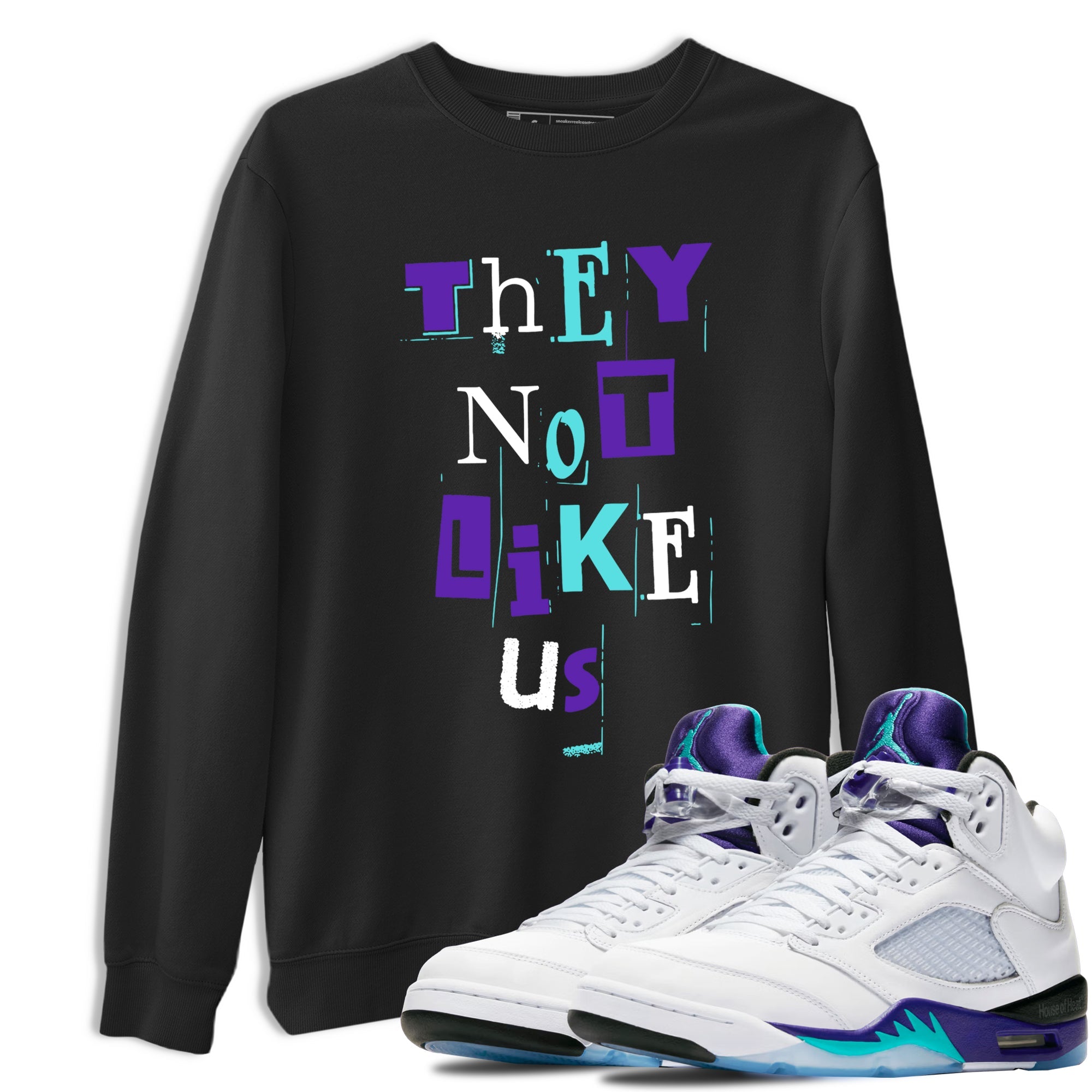 Vintage They Not Like Us sneaker match t-shirt styled to complete your fit with the Air Jordan 5 Grape sneakers, shown in Black 1.