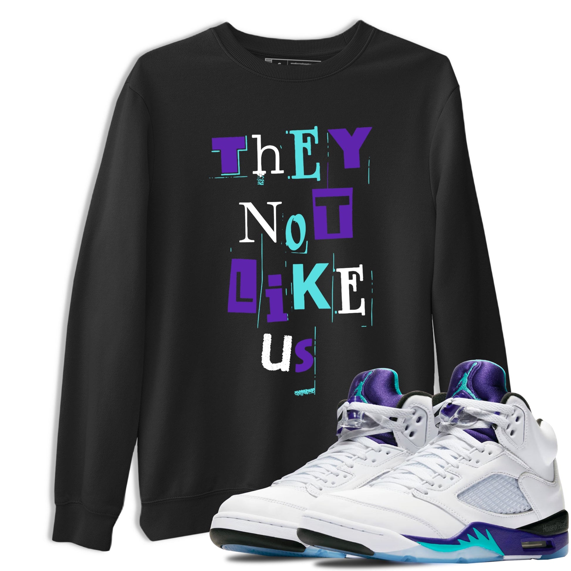 Vintage They Not Like Us sneaker match t-shirt styled to complete your fit with the Air Jordan 5 Grape sneakers, shown in Black 1.