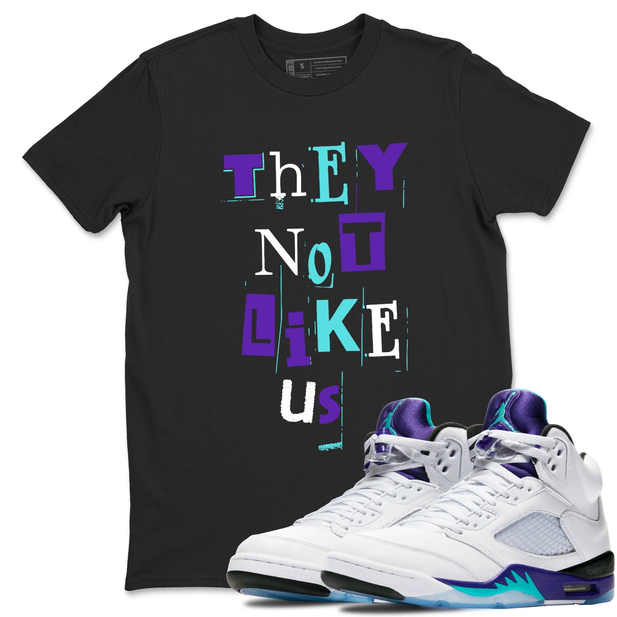 Vintage They Not Like Us sneaker match t-shirt styled to complete your fit with the Air Jordan 5 Grape sneakers, shown in Black 1.